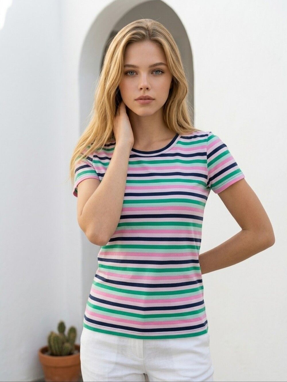 J.Crew Perfect Fit Tee XS Blue Pink Stripe Stretch Cotton Casual T-Shirt Coastal
